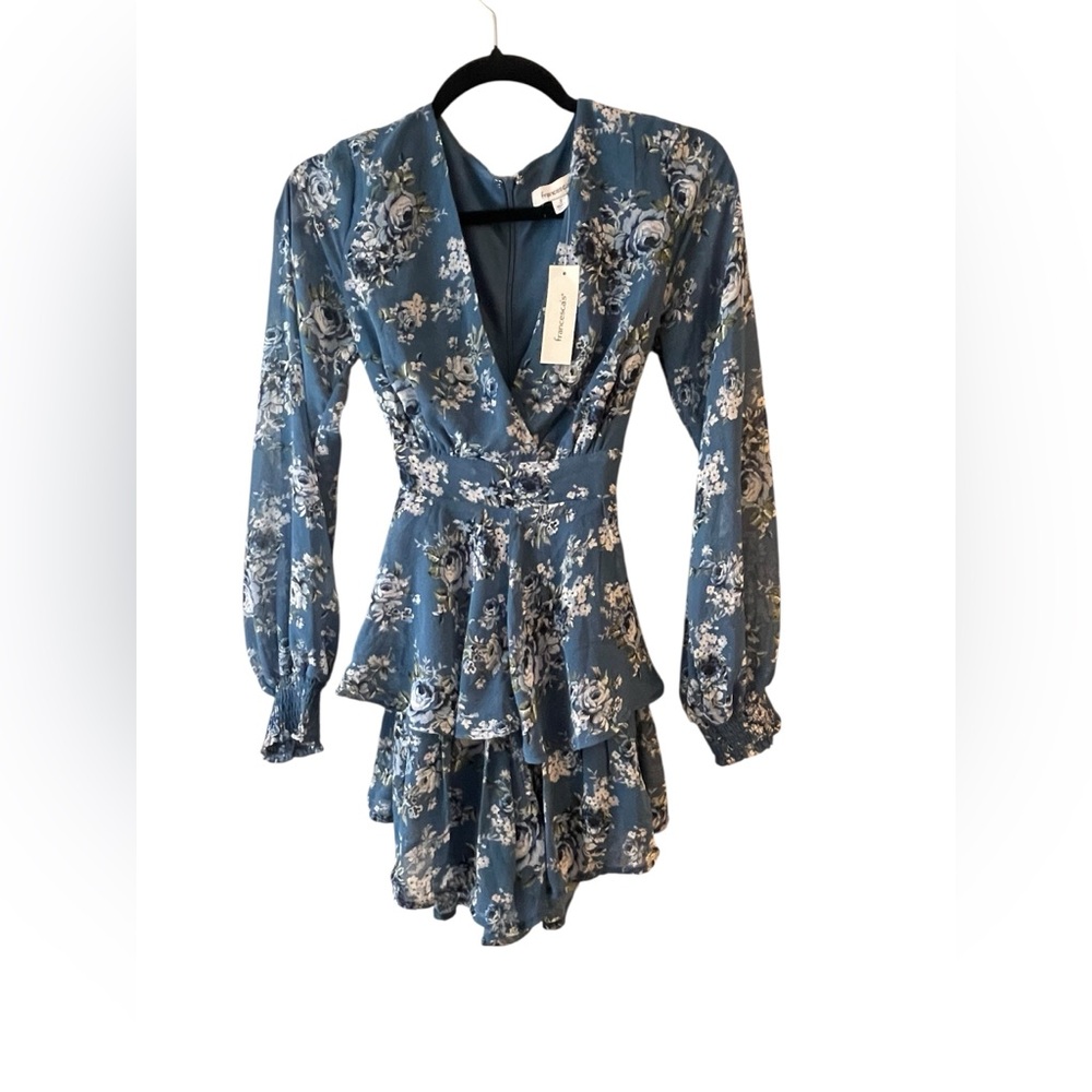 Francesca's Collections Blue Floral Long Sleeve Romper Dress